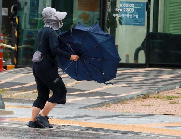 태풍 난마돌 영향으로 강풍이 분 지난 19일 오전 부산 미포항 인근에서 한 시민이 우산을 부여 잡고 힘겹게 걸음을 옮기고 있다. (사진=연합뉴스)