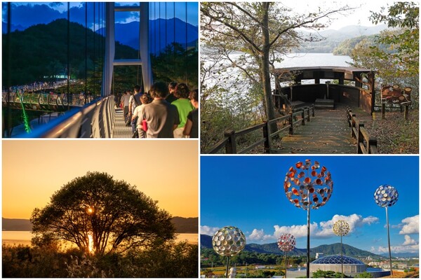 올 가을 숨은 명소 27곳 중 대표적인 명소 (왼쪽 위부터 시계방향) 설악향기로 야간 개장 풍경, 운곡람사르습지 조류관찰대,  클레이아크김해미술관_옥상정원에서 내려다본 돔하우스, 예당호전망대 황금빛으로 물드는 호숫가 사진. (사진=속포시청 관광과, 한국관광공사)