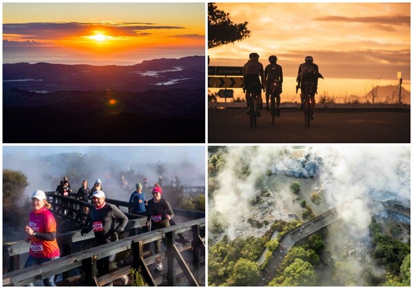 뉴질랜드 관광청이 국내 러닝 인구 1000만 시대에 맞춰 '자연이 곧 러닝 코스가 되는 나라' 뉴질랜드만의 매력을 담은 러닝 여행 코스를 제안했다. (왼쪽 위 시계방향) 기즈빈에서 해가 떠오르는 장면, 기즈빈에서 맞이하는 일출,  런던 포레스트 코스, 런던 포레스트 로토루아에서의 러닝. (사진=Max Stussi, Tairāwhiti Gisborne, Run The Forest, Rotorua)